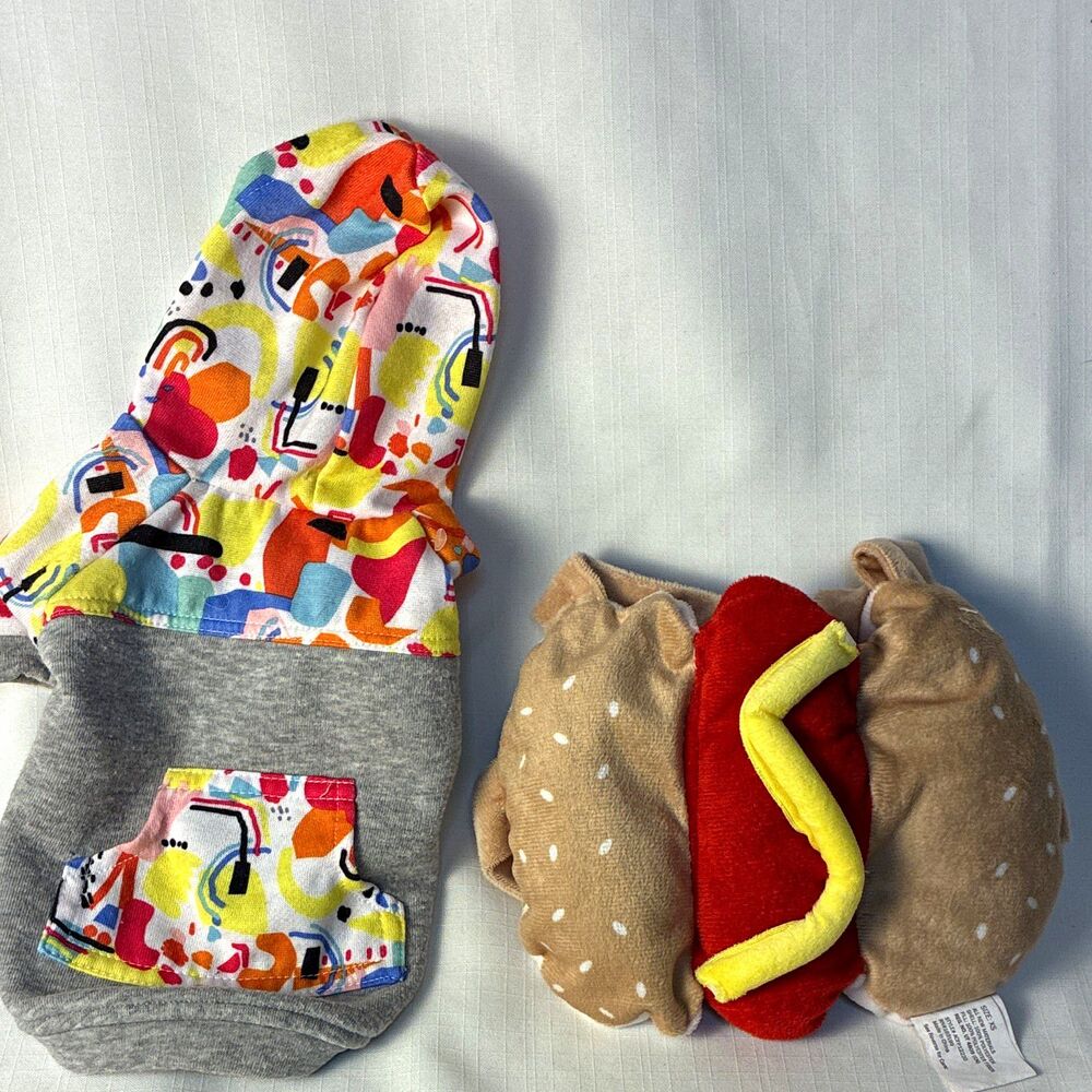 XS Plush Hot Dog Costume and 80s style hoodie set of 2 dog outfits